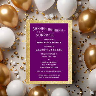 Convite Aniversário do Partido Surpresa de Roxo e Dourado