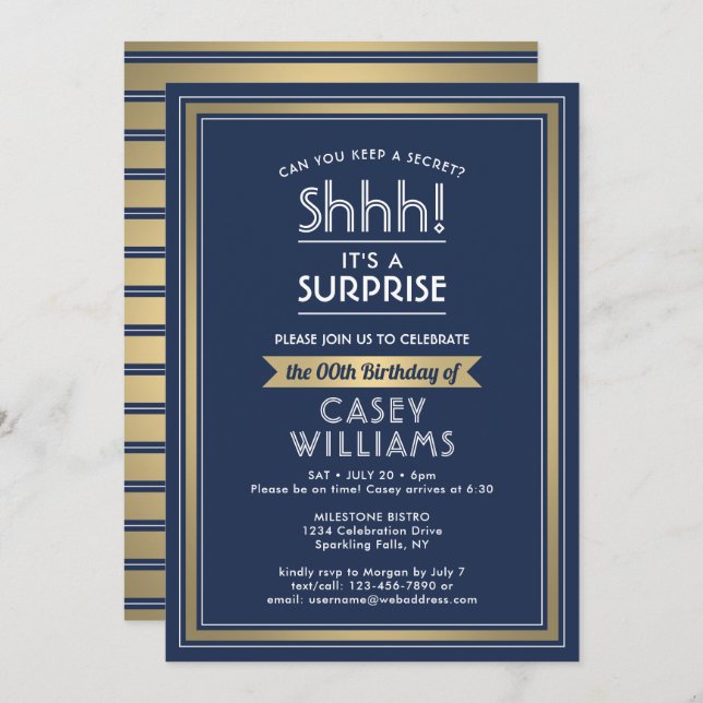 Convite Aniversário do Partido Surpresa Marinho Azul, Bran (Frente/Verso)