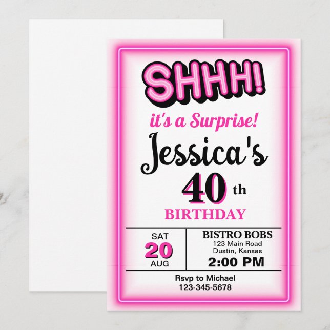 Convite Aniversário do Partido Surpresa Rosa Quente (Frente/Verso)