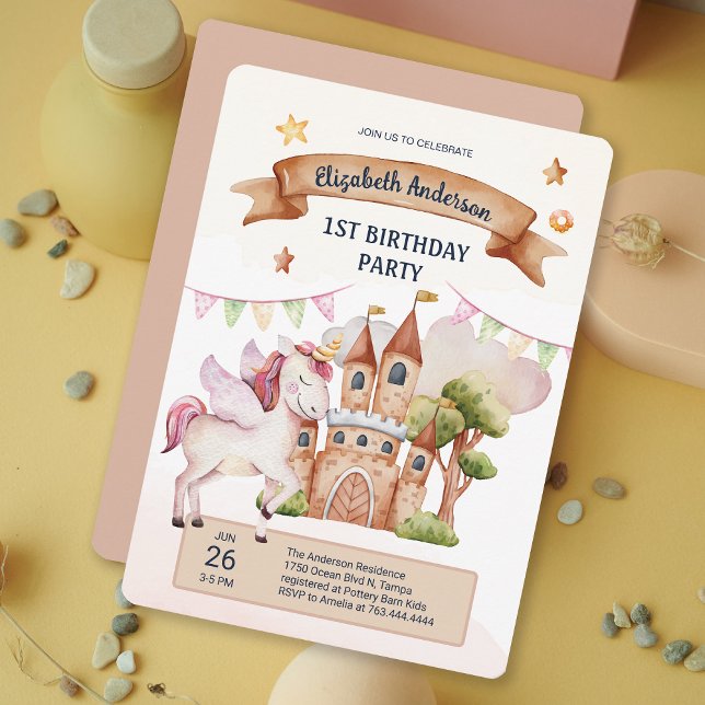 Convite Aniversário do Pastel Fairytale Unicorn Castle (Pastel Fairytale Unicorn Castle Kids Birthday Invitation)