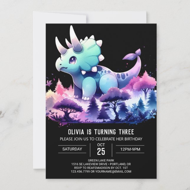 Convite Aniversário do Pastel Happy Triceratops (Frente)