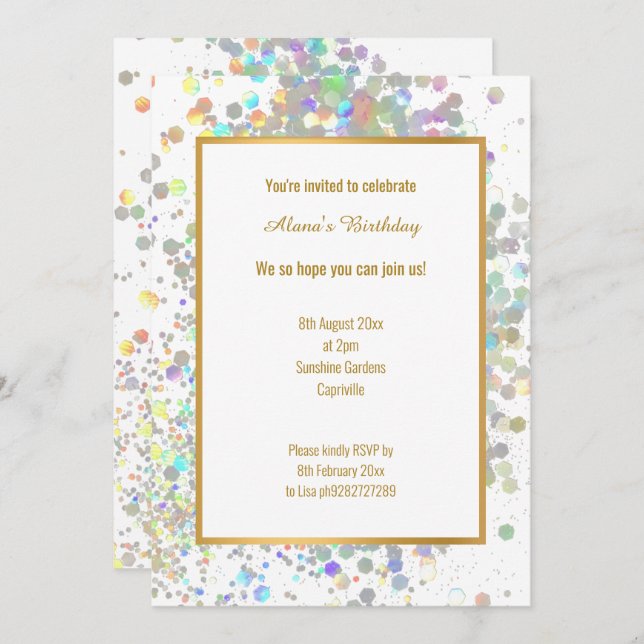 CONVITE ANIVERSÁRIO DO PASTEL RAINBOW WHITE HOLOGRAPRY SPO (Frente/Verso)