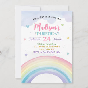Convite Aniversário do Pastel Rainbows e Hearts
