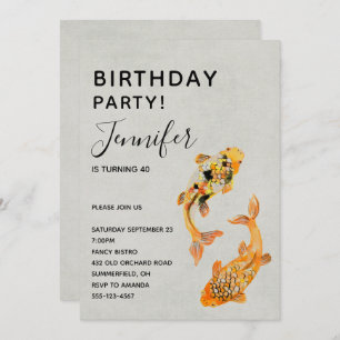 Convite Aniversário do Peixe Koi, na moda Dourado