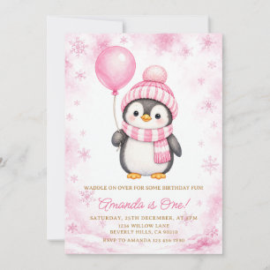 Convite Aniversário do Pingüim de Inverno Rosa Floco de Ne