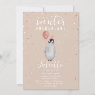 Convite Aniversário do Pinguim-do-Balão-Rosa-Onederland In