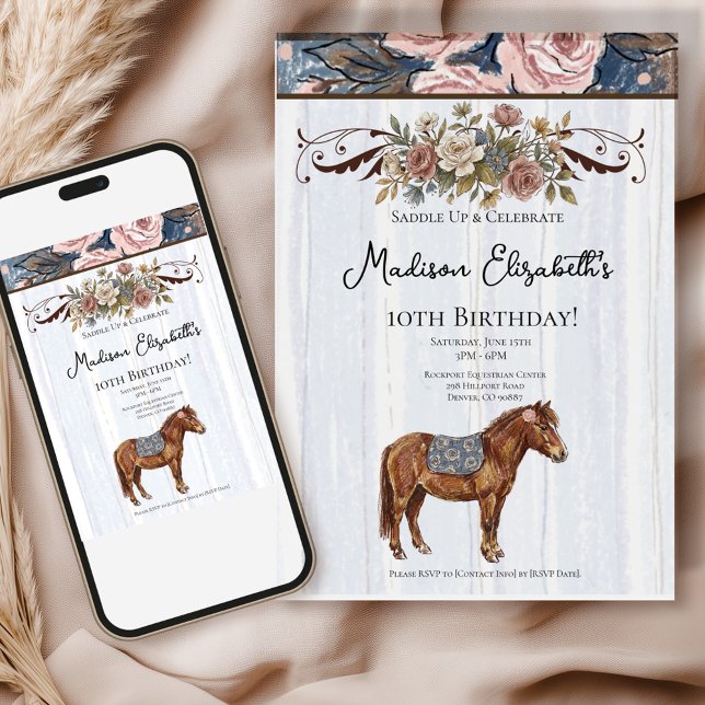 Convite Aniversário do Pônei ( This charming theme combines the elegance of French country décor with whimsical pony illustrations)