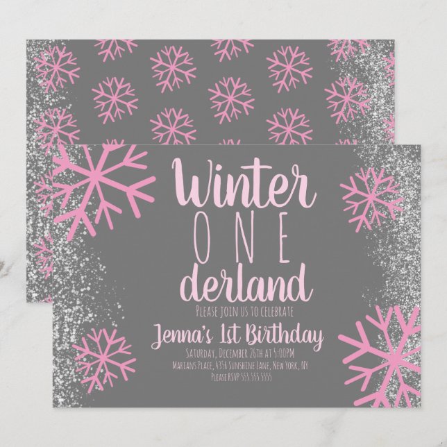 Convite Aniversário do Primeiro Ano Floco de Neve Rosa Scr (Frente/Verso)