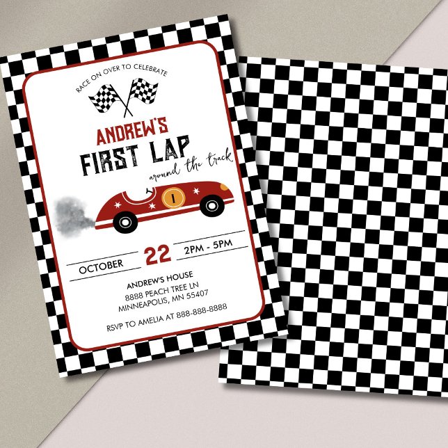 Convite Aniversário do Primeiro Volta de Carro de Corrida  (Race car first lap birthday invite with editable age and red car design)