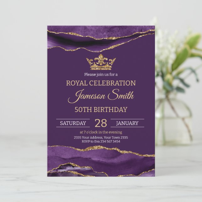 Convite Aniversário do Príncipe Roxo Dourado Real (Em pé/Frente)