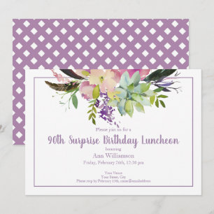 Convite Aniversário do Purple Watercolor Floral 90 Surpri