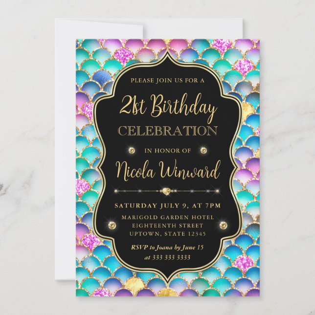 Convite Aniversário do Quadro de Escala de Sereia Iridesce (Frente)