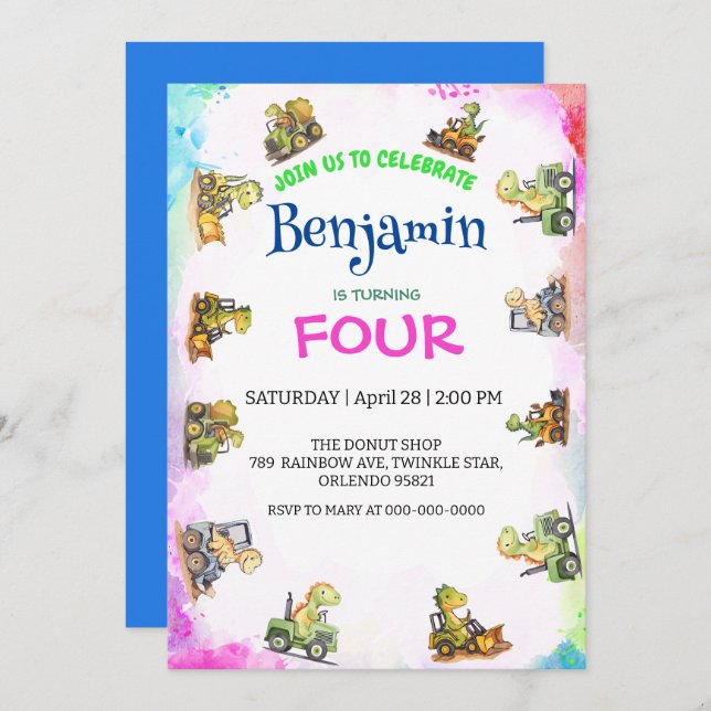 Convite Aniversário do Rainbow B2S School, trator de dinos (Frente/Verso)