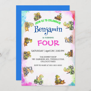 Convite Aniversário do Rainbow B2S School, trator de dinos