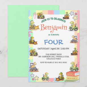 Convite Aniversário do Rainbow B2S School, trator de dinos