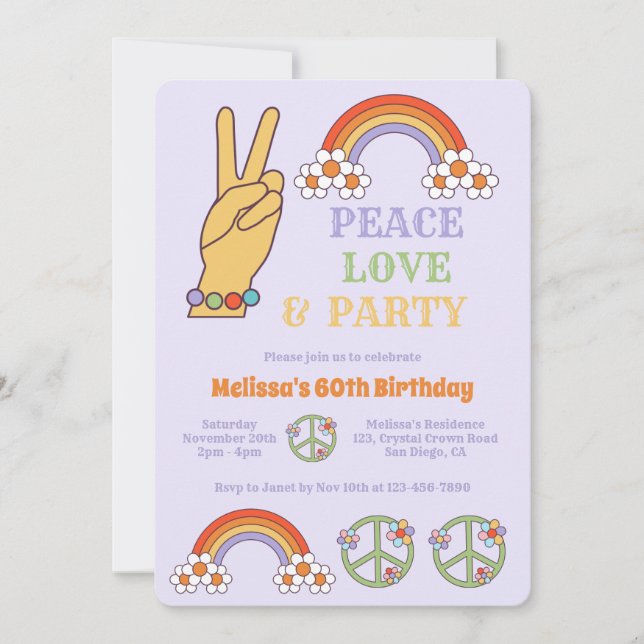 Convite Aniversário do Rainbow Retro Hippie Peace Love Par (Frente)