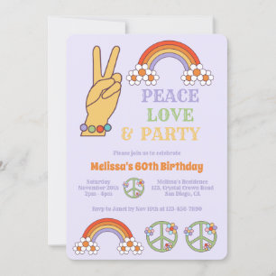 Convite Aniversário do Rainbow Retro Hippie Peace Love Par
