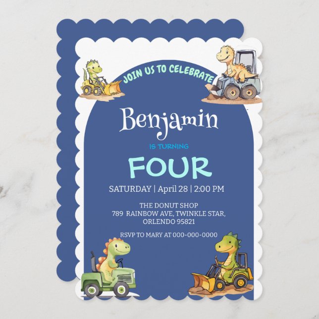 Convite Aniversário do Rainbow School, trator de dinossaur (Frente/Verso)