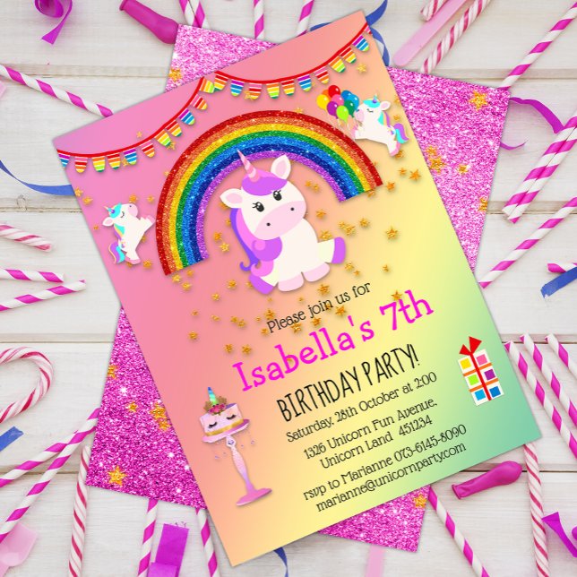 Convite Aniversário do Rainbow Unicorn cor-de-rosa (Criador carregado)