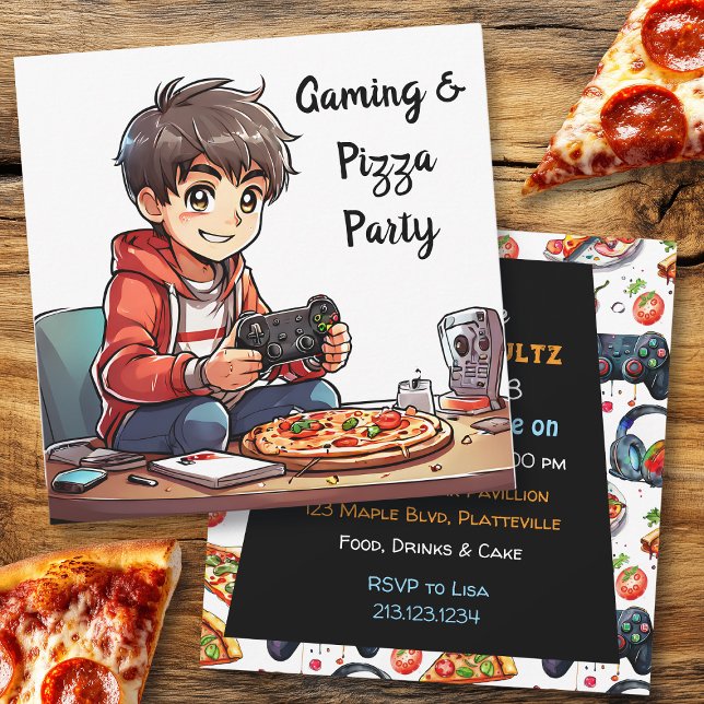 Convite Aniversário do Rapaz do Vídeo Gaming e Pizza Party (Criador carregado)