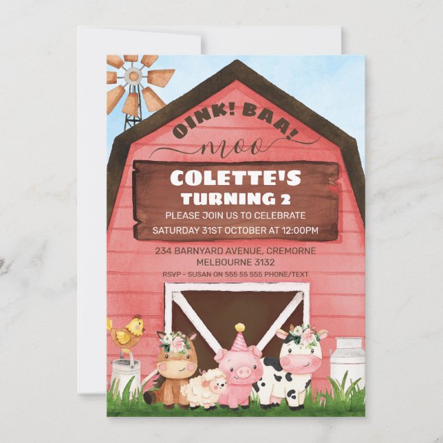 Convite Aniversário do Red Barn Oink Baa Moo Farm (Frente)