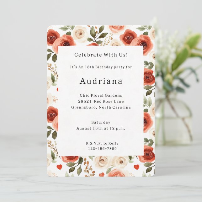 Convite Aniversário do Red Cream Hearts and Flowers (Em pé/Frente)