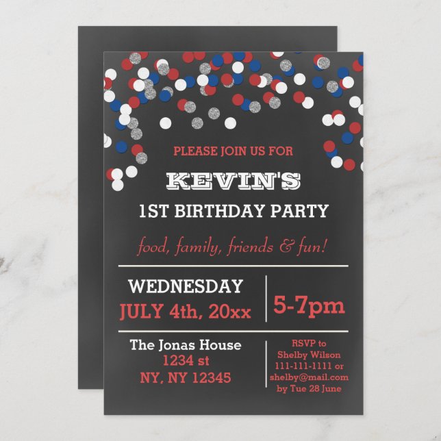 Convite Aniversário do Red White Blue Confetti (Frente/Verso)