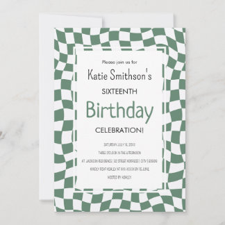 Convite Aniversário do Retro Green Wavy Check