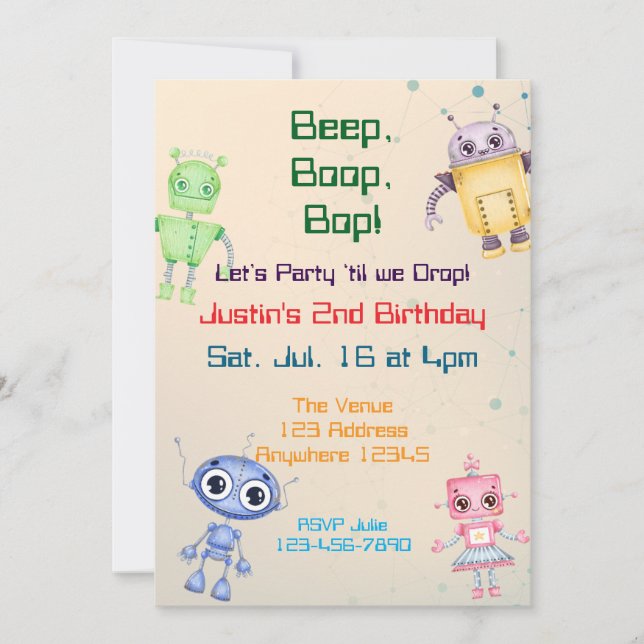 Convite Aniversário do Robô Beep Boop Bop (Frente)
