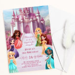 Convite Aniversário do Royal Kid Girl da Princesa Rosa<br><div class="desc">Uma modelo de convite de aniversário para as raparigas temerárias. A design da princesa apresenta um castelo mágico cor-de-rosa cercado por princesas em vestidos multicolores arco-íris. Personalize editando o convite digital ou impresso com seus detalhes de evento exclusivos.</div>