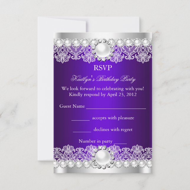 Convite Aniversário do RSVP Elegante Royal Purple Lace Pea (Frente)