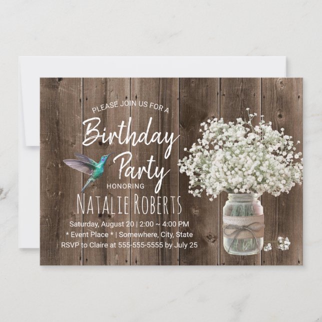 Convite Aniversário do Rustic Baby's Breath Jar & Hummingb (Frente)
