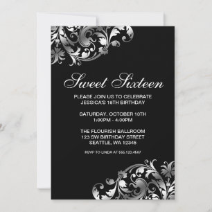 Convite Aniversário do Silver e do Black Swirl Flourish S