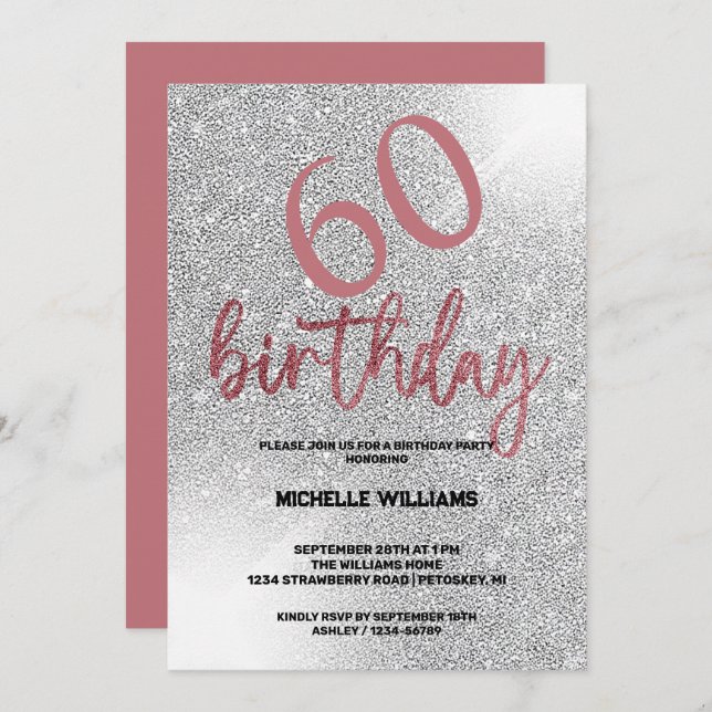 Convite Aniversário do Silver Glitter Coral Calliographic (Frente/Verso)