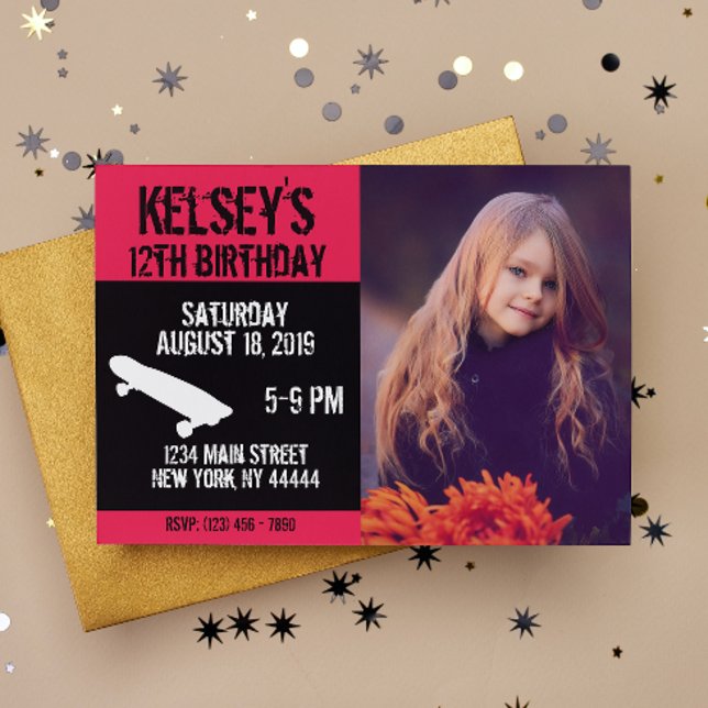 Convite Aniversário do skate cor-de-rosa, conselho Skate,  (Criador carregado)