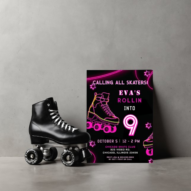 Convite Aniversário do Skate do cilindro de brilho Neon re (Retro Pink Neon Glow Roller Skate Birthday Invitation)