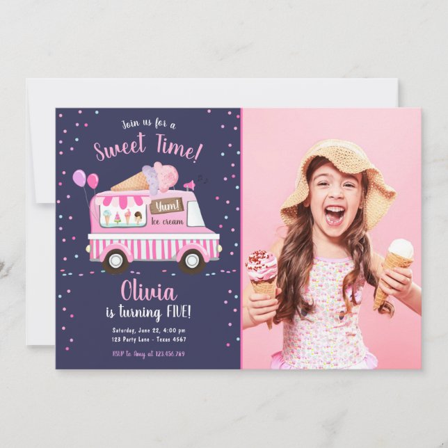 Convite Aniversário do Sorvete Truck Horário Rosa (Frente)