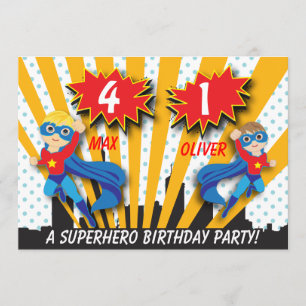 Convite Aniversário do Super Herói Gêmeos  Cabelos castanh