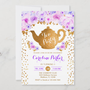 Convite Aniversário do Tea Party - Dourado Floral Púrpura 