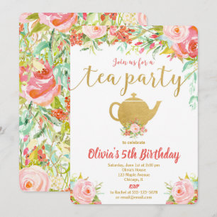 Convite Aniversário do Tea Party - Garota de ouro floral
