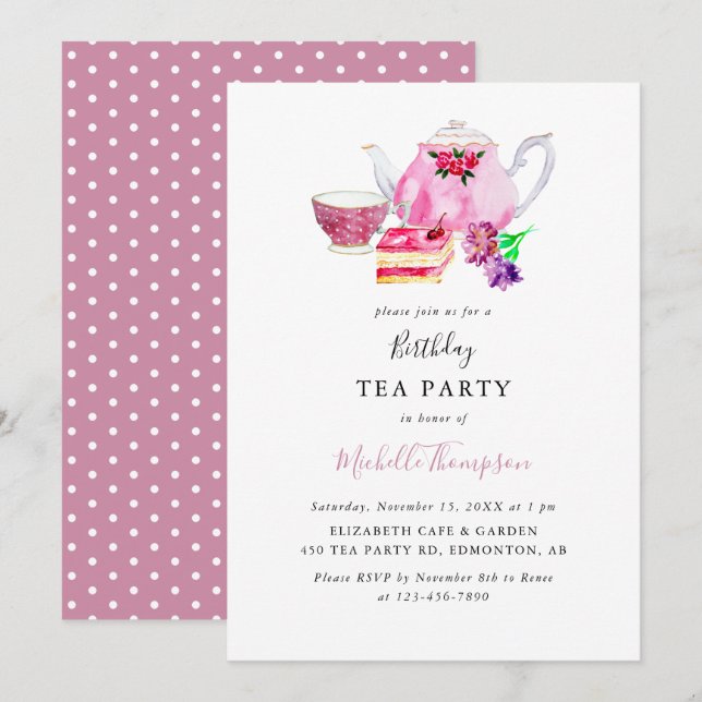 Convite Aniversário do Tea Party - Pink Teapol - Mancha Aq (Frente/Verso)