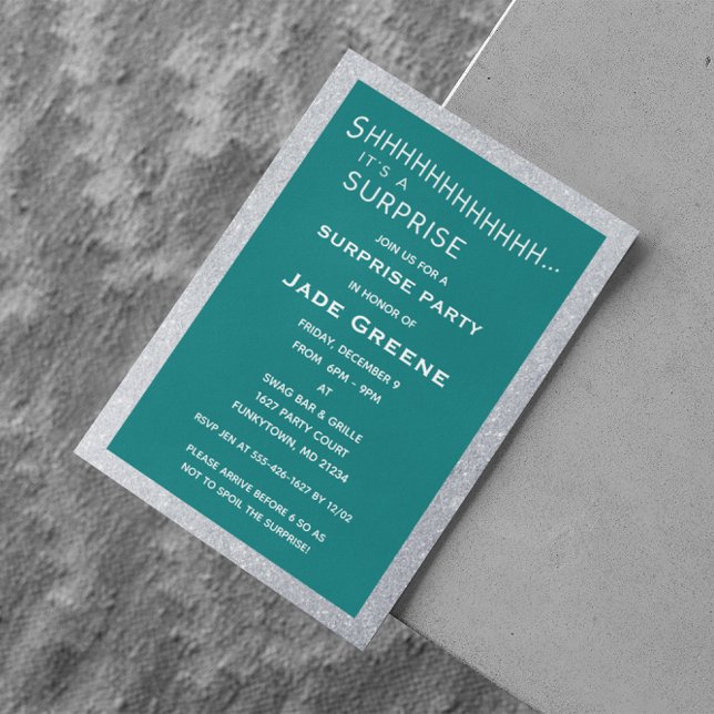 Convite Aniversário do Teal and Silver Glitter Surprise Pa (Criador carregado)