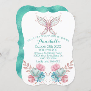 Convite Aniversário do Teal e Flores Rosa da Borboleta Bri