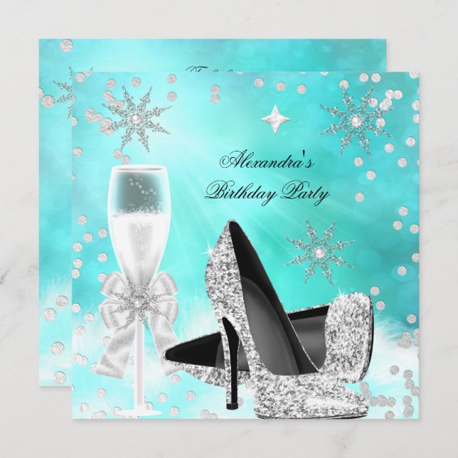 Convite Aniversário do Teal Silver Champagne High Heels (Frente/Verso)