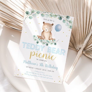 Convite Aniversário do Teddy Bear Picnic Greenery Boy