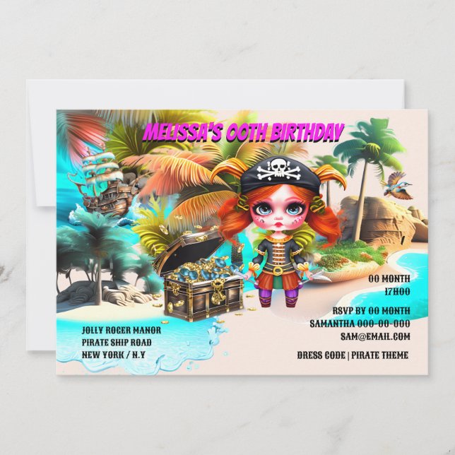 Convite Aniversário do tema Pirata | Tesouro do capitão fe (Frente)