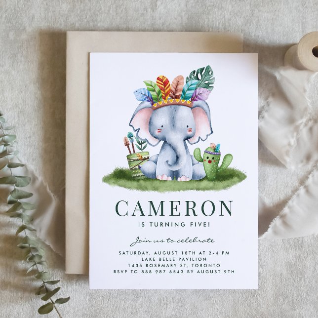 Convite Aniversário do Tema Safari do Elefante Tribal de A (This watercolor elephant invitation is the perfect for a jungle, tribal, or safari-themed birthdays.)