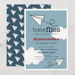 Convite Aniversário do Time Flies Paper Plane Blue Boy