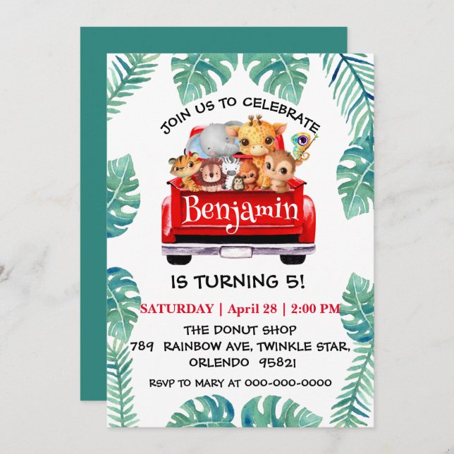 Convite Aniversário do trator da fazenda da selva do Zoo (Frente/Verso)