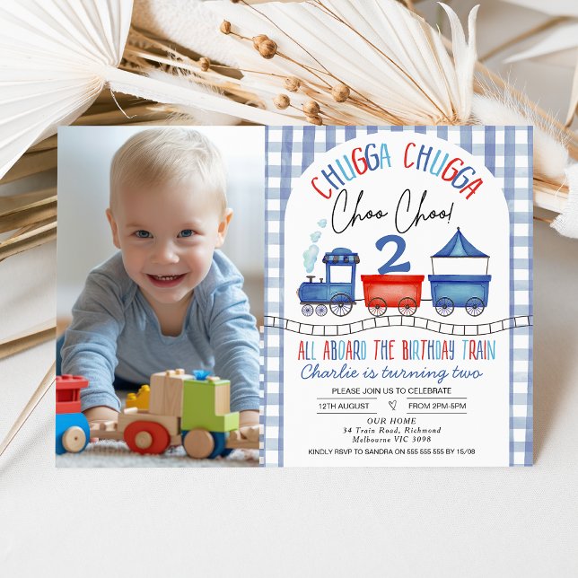 Convite Aniversário do trem de fotos com arco moderno Red  (Blue and Red Train Birthday Invitation for Boy , Chugga Chugga Train Birthday Invite, Train Themed)